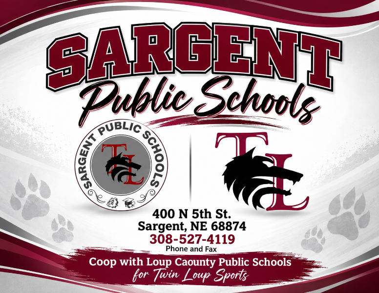 Sargent Public School banner Maroon, grey and black with address and phone number of hte school.